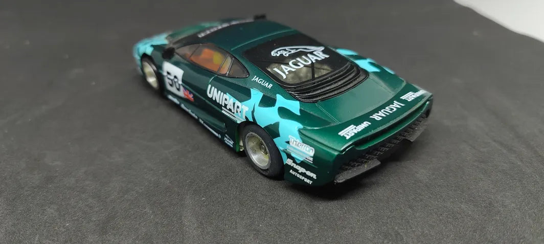 Prototype slot car. Scalextric Jaguar XJ220 on unknown aluminum chassis.