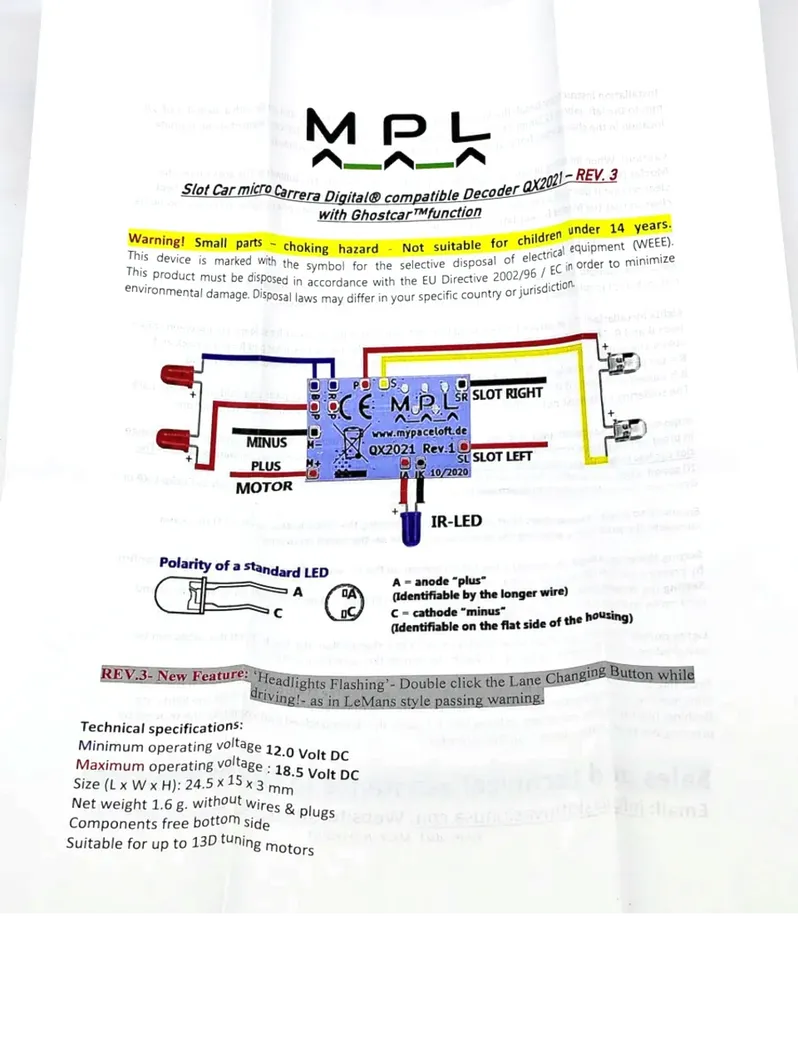 MPL QX2021 Rev.2-Decoder Carrera 1/43, 1/32 and 1/24 compatible- up to 18.5V