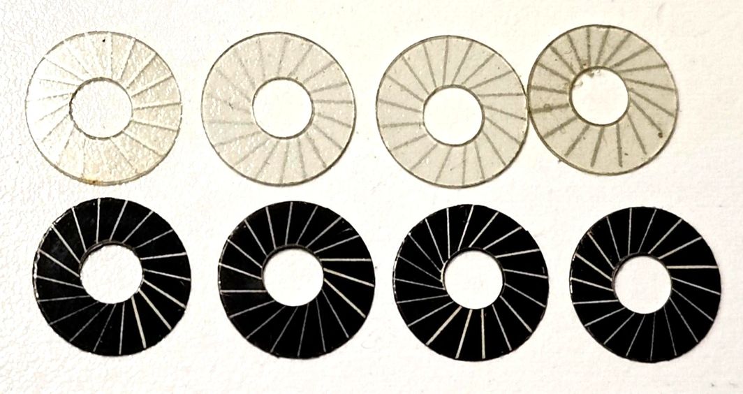Vintage Spoke wheel inserts Aluminum & acetate. .0475"OD .175"ID Set of four.