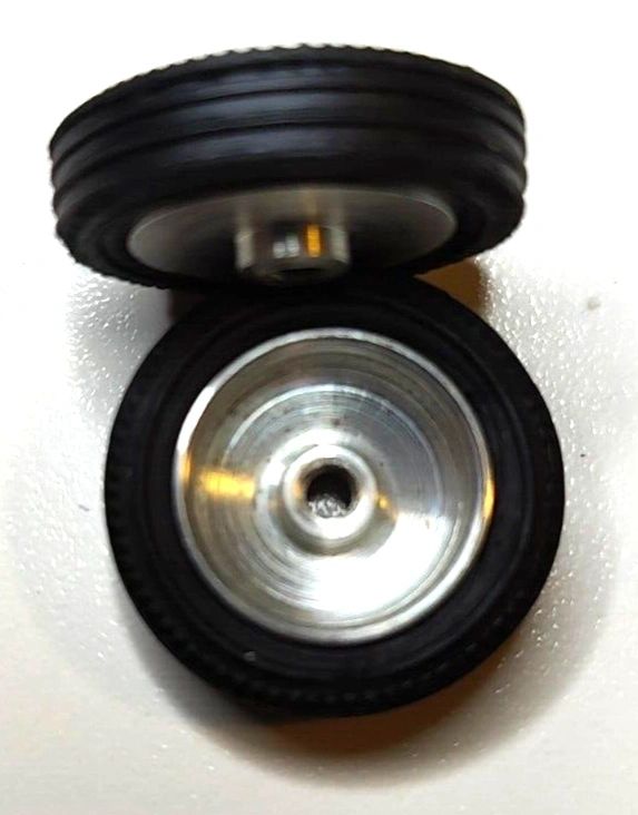 Wheels, 1960's vintage. 24mm dia. x 5.5mm wide. 15/16" X 7/32" 5-40 threaded axle.