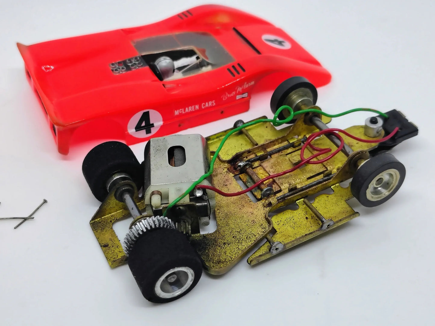 1970 Dynamic anglewinder brass chassis custom 1/32 scale McLaren M8A slot car.
