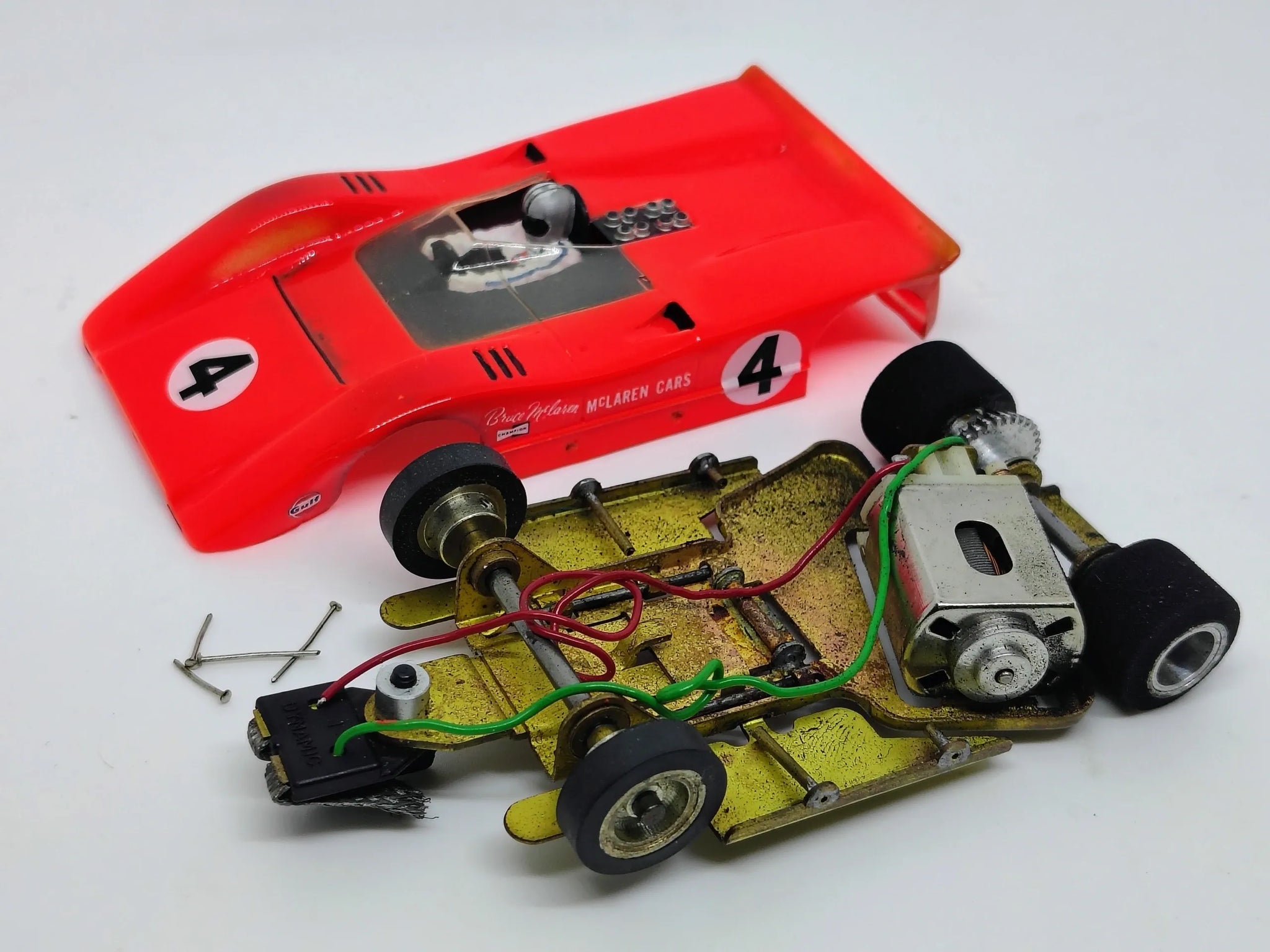 1970 Dynamic anglewinder brass chassis custom 1/32 scale McLaren M8A slot car.