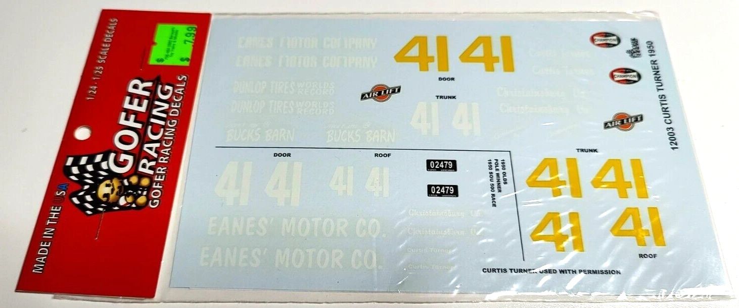 1/24 scale waterslide decals. Curtis Turner 1950 Olds